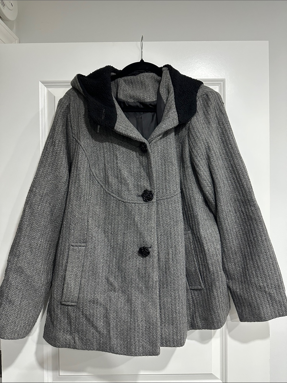 Womens Gray Hooded Wool-Blend Coat